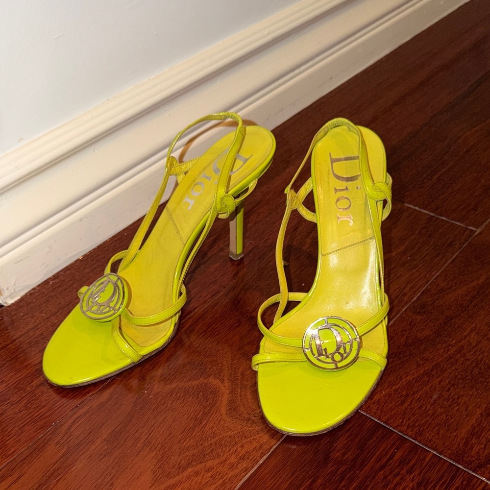 Dior Neon Yellow Strappy Stiletto Sandals with Logo Emblem